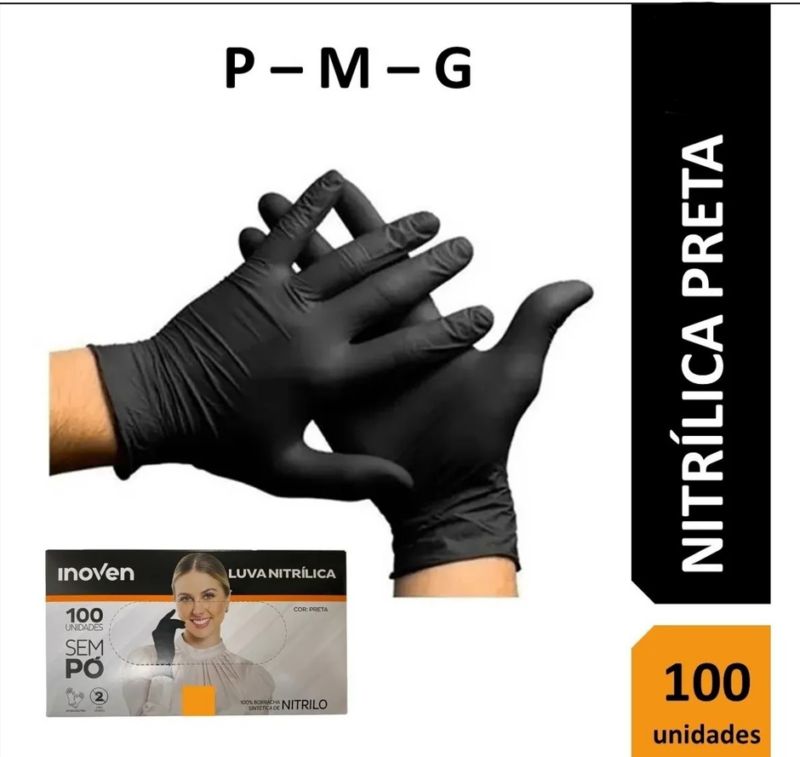 Luva Nitrílica Sem Pó Caixa c/100 Unidades Preta - Inoven Tamanho: G