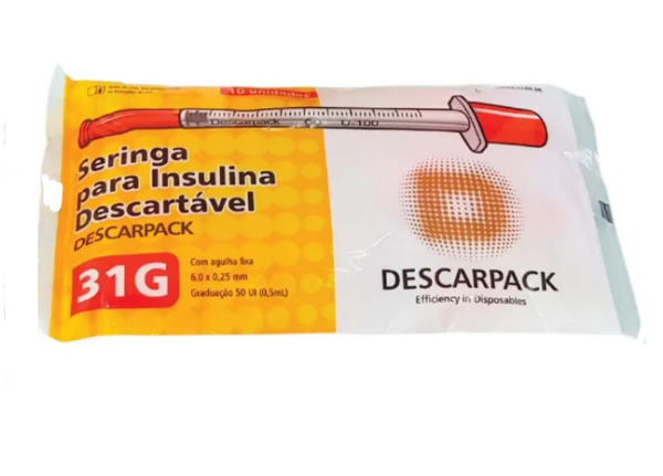 Seringa Insulina 0,5ml 6x0,25mm Agulha Fixa 31g- 10 Unidade Descarpack - Image 2