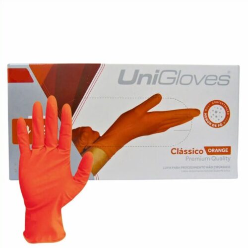 LUVA PROCEDIMENTO CLASSICO ORANGE COM PO 100 UNIDADES- M UNIGLOVES