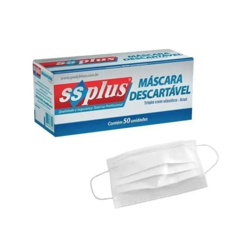 MASCARA DESCARTAVEL BRANCA TRIPLA COM ELASTICO SSPLUS - 50 UNIDADES