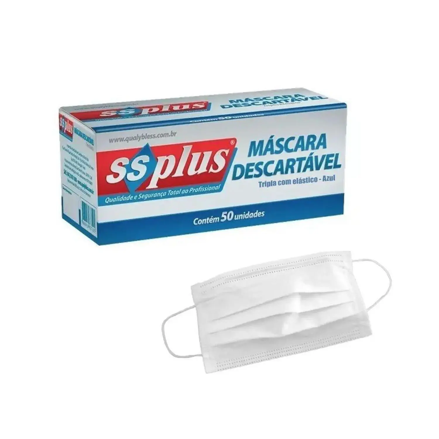 MASCARA DESCARTAVEL BRANCA TRIPLA COM ELASTICO SSPLUS - 50 UNIDADES