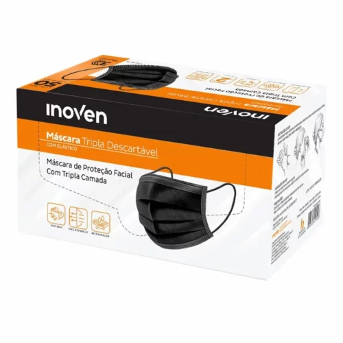 MASCARA DESCARTAVEL TRIPLA COM ELASTICO 50 UNIDADES PRETA INOVEN
