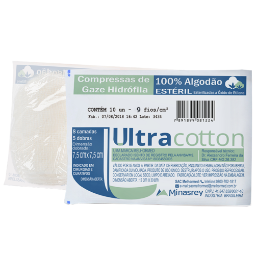 COMPRESSA DE GAZE 7,5CMX7,5CM ESTERIL COM 10 UN 13 FIOS  ULTRACOTTON