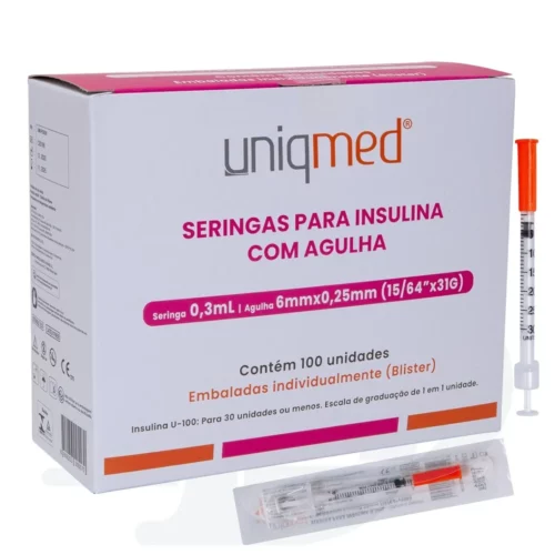 SERINGA INSULINA 0,3ML AGULHA 6MMX0.25MM -31G (BLISTER) 100 UN-C5192-UNIQMED