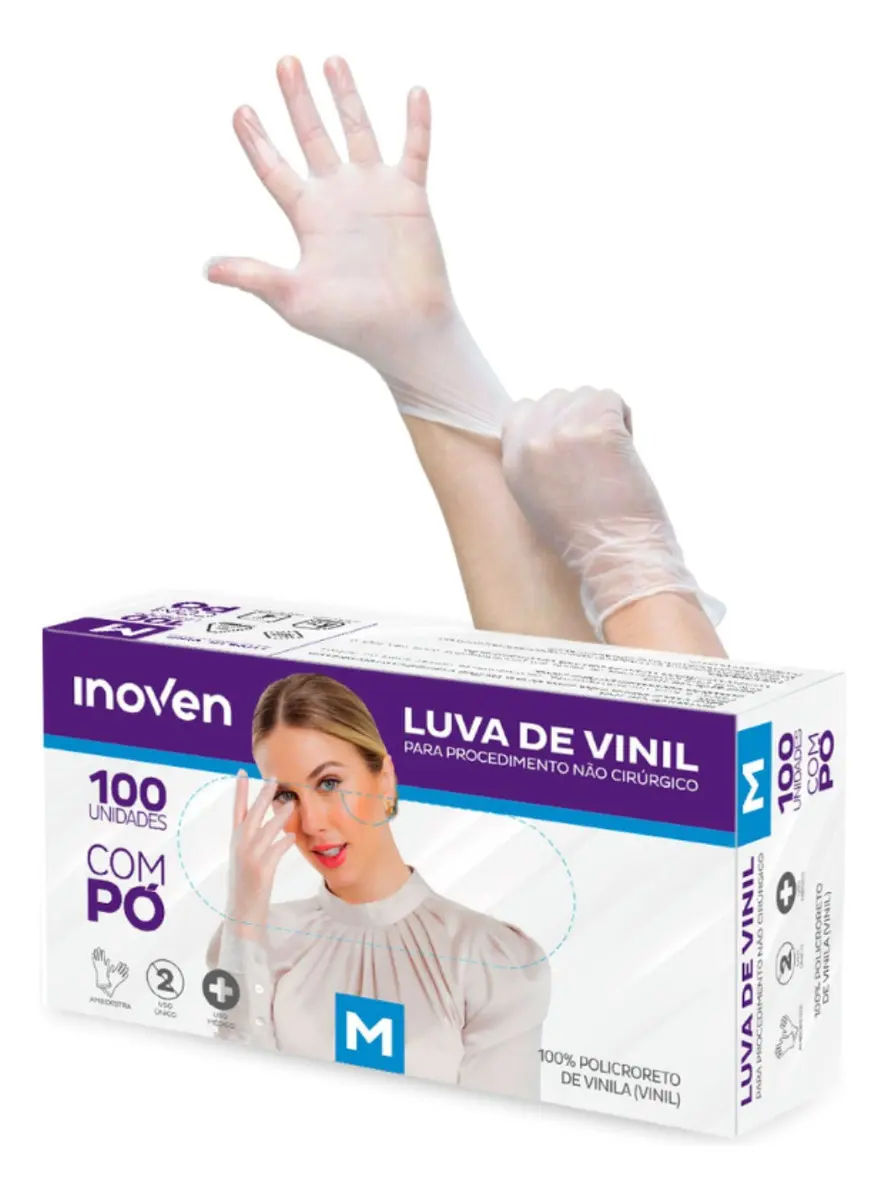 LUVA DE PROCEDIMENTO VINIL COM PO 100 UNIDS M- INOVEN