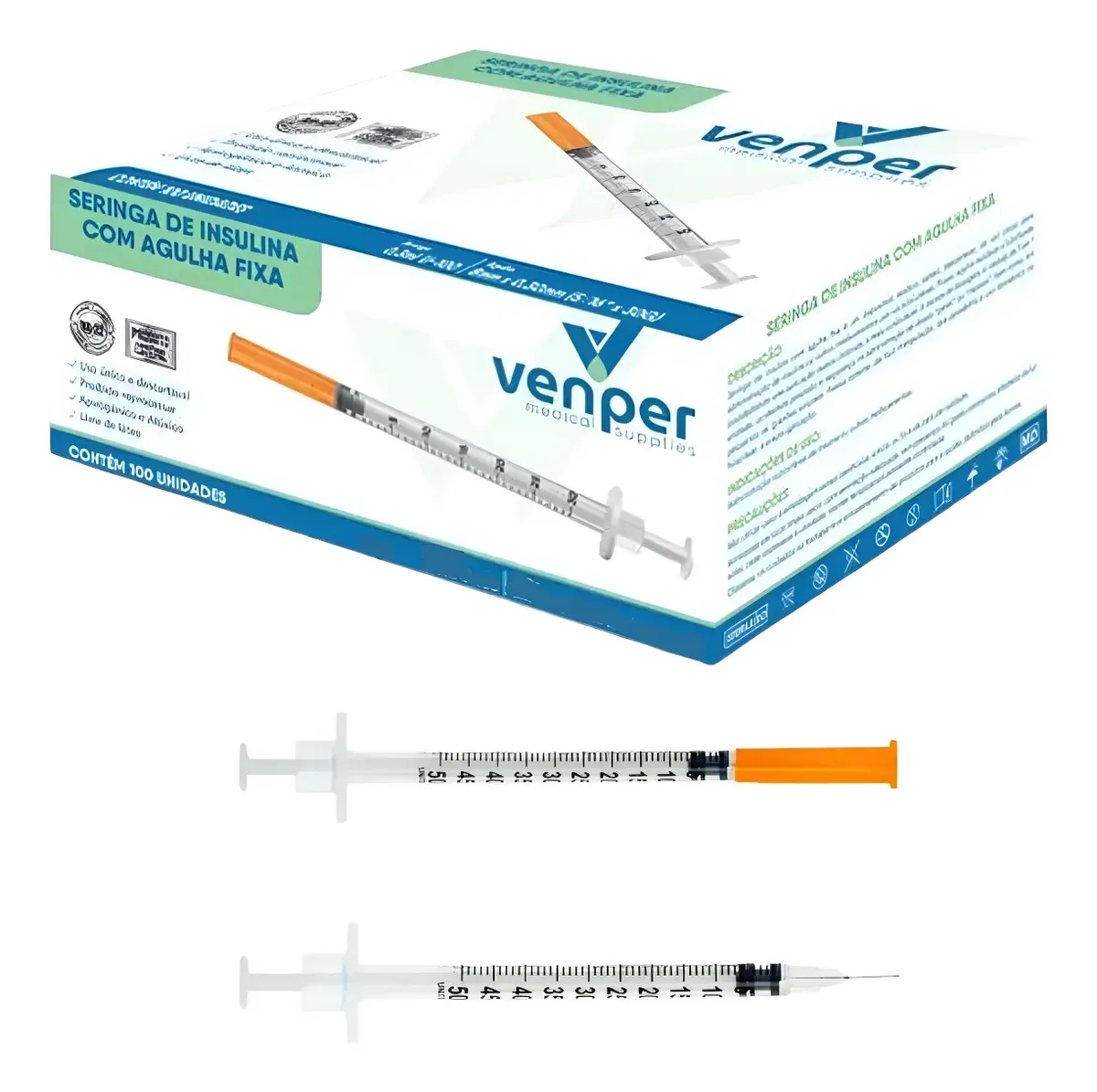 SERINGA INSULINA AGULHA FIXA 0,5ML 30GX5/16" 8MMX0,30 - 100 UND.- VENPER
