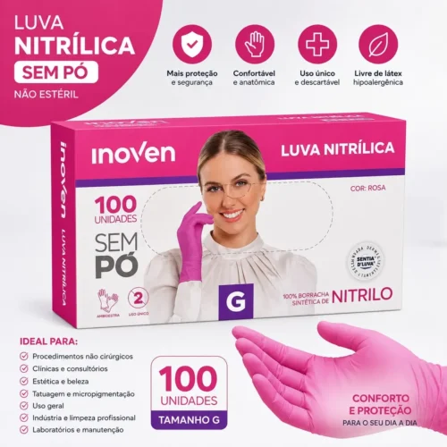 LUVA NITRILICA SEM PO CAIXA C/100 UNIDADES ROSA PINK G - INOVEN
