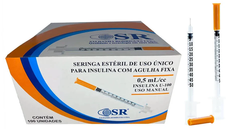 SERINGA INSULINA 0,5ML 8X0,25MM AGULHA FIXA 30G- CX C/100 UNIDADES SR