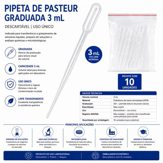 PIPETA DE PASTEUR GRADUADA NÃO ESTERIL DESCARTAVEL 3ML 10 UNIDADES - Imagem 2